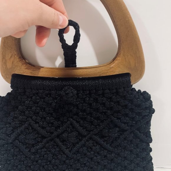 Handmade Black Macrame Faux Wooden Handle Bag New - Picture 5 of 10